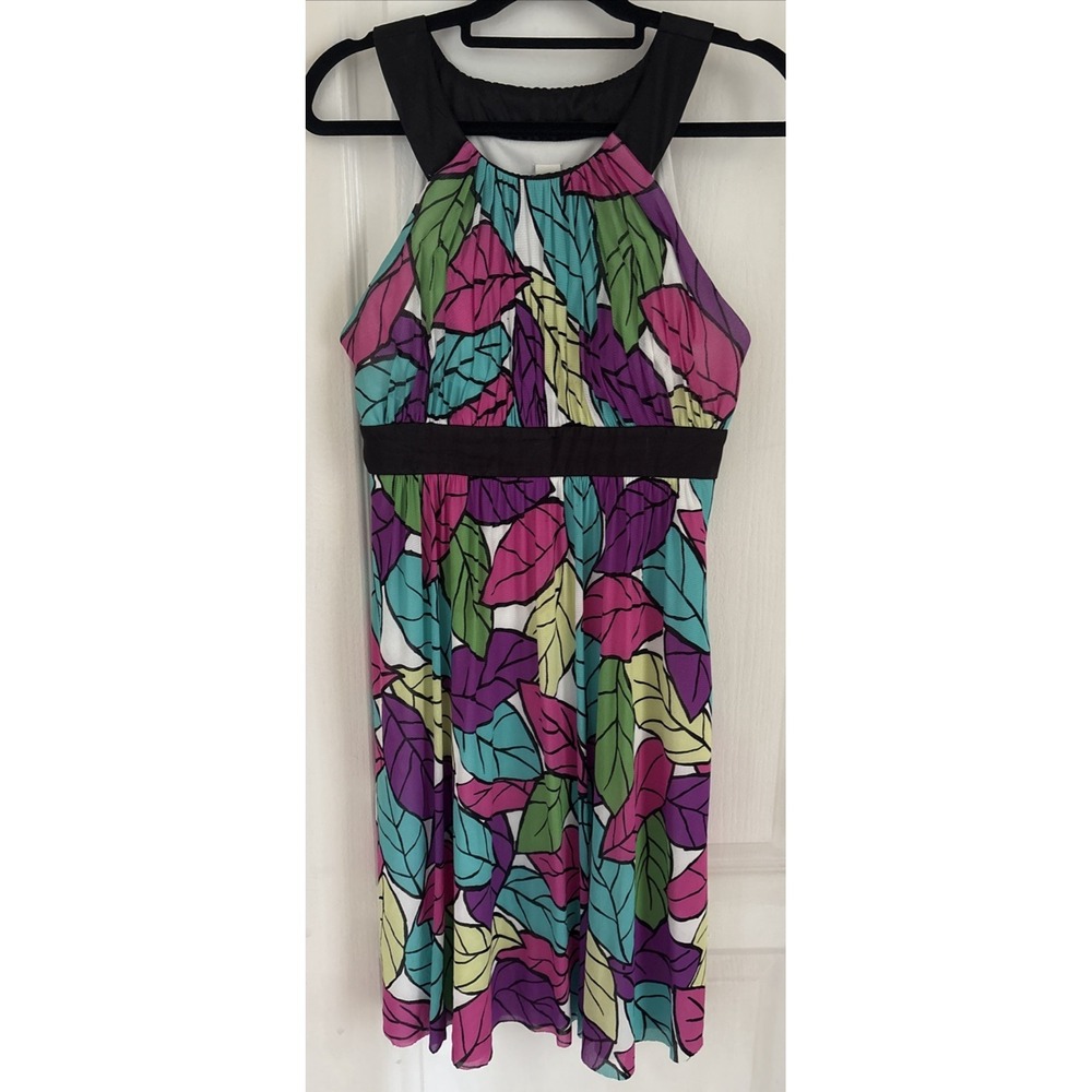 Y2K Babydoll Dress Women Sangria Colorful Leaf Print Bow Padded Whimsy 90s Sz 12